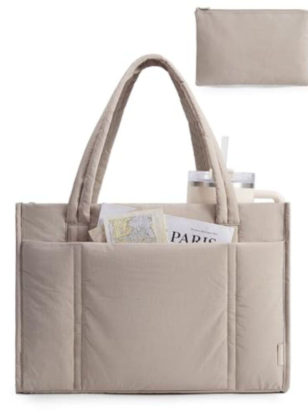 2 Piece Puffer Tote Bag 21L Large Quilted Work Teacher Bag with Zipper